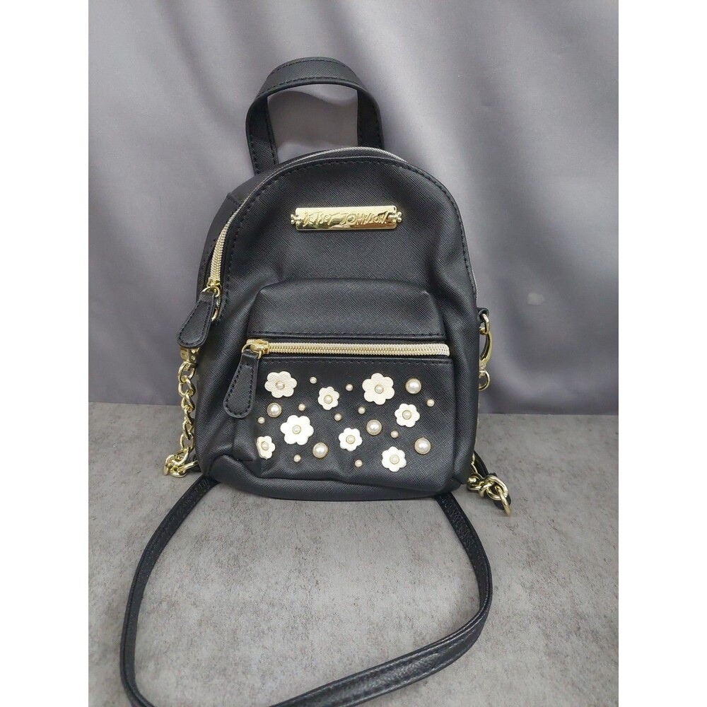 Betsey Johnson Black with White & Pearl Accents Mini Backpack/Crossbody